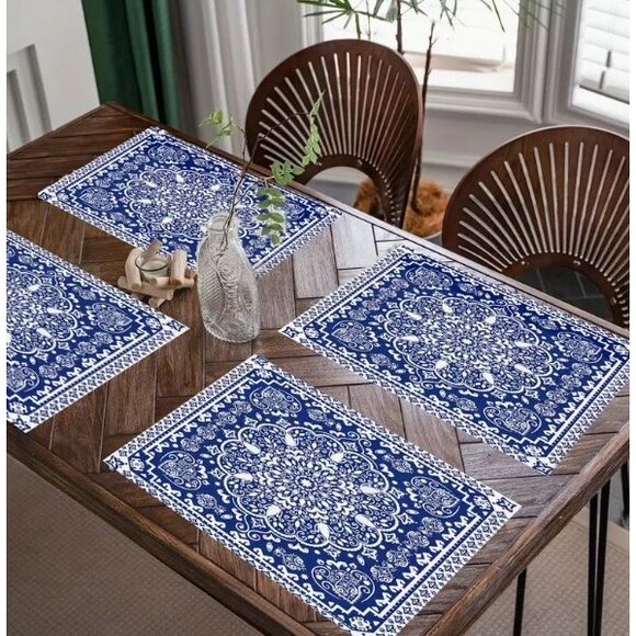 4 Piece Placemat Set 12x18in Polyester Blue Boho - Picture 2 of 3